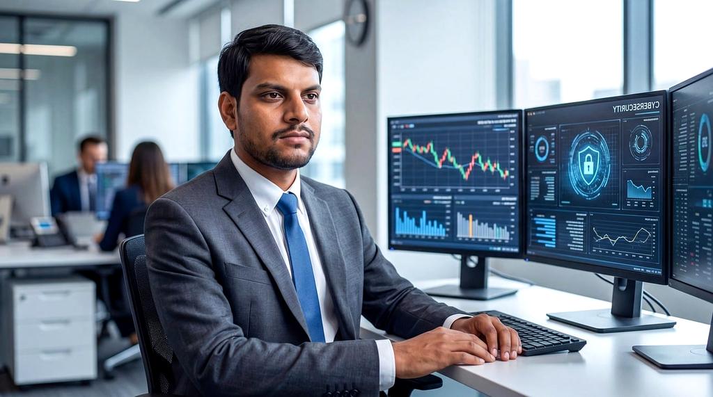 Analyst reviewing income trend lines on a computer dashboard